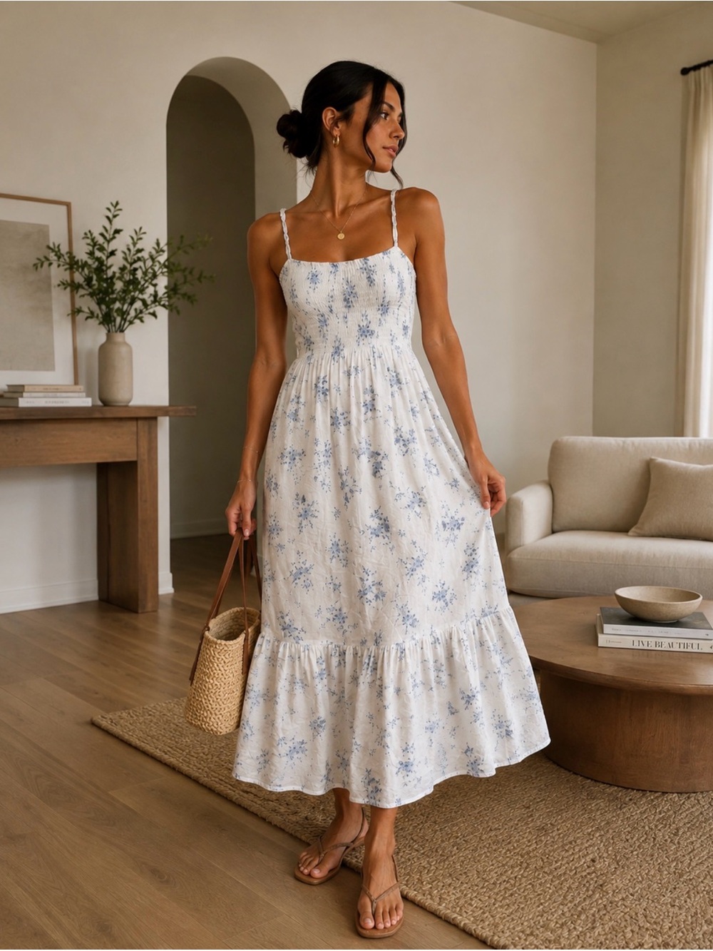 White & Blue Floral Smocked Midi Dress